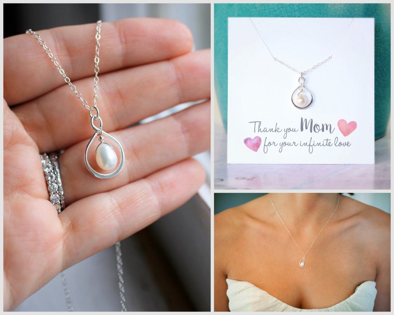 Mother of the Bride Gift, Pearl Wedding Necklace, Mom Wedding Gift, Pearl Infinity Necklace, Freshwater Pearl, Mom Thank you Gift, Silver image 1