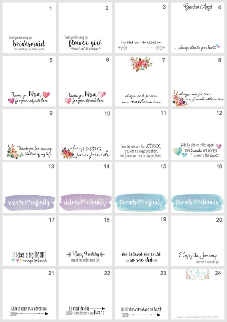 May include: A set of 24 printable cards with watercolor designs and inspirational quotes. The cards feature various themes, including friendship, family, love, and encouragement. The cards are perfect for adding a personal touch to gifts, cards, or home decor.
