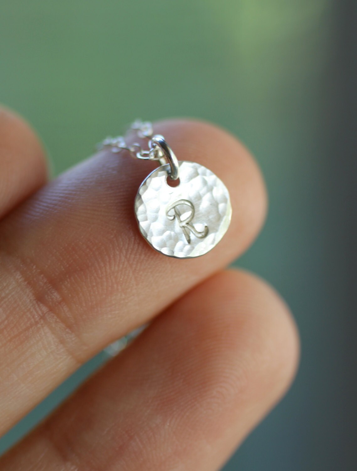 Small Silver Initial Necklace Tiny Charm Hammered Circle Etsy