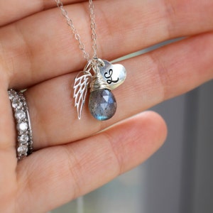 ANGEL WING Necklace, Angel Necklace, Personlized Gift, Birthstone, Silver Initial Heart, Remembrance Necklace, Sympathy Gift, Guardian Angel