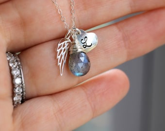 ANGEL WING Necklace, Angel Necklace, Personlized Gift, Birthstone, Silver Initial Heart, Remembrance Necklace, Sympathy Gift, Guardian Angel