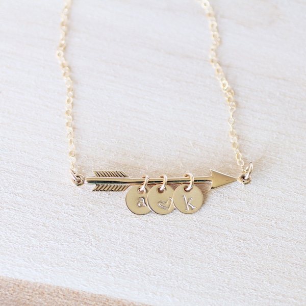Gold Arrow Necklace, Arrow Necklace with Initials, Mothers Day Gift, Personalized Necklace, Mom Necklace, Children's Initials Gift for Her