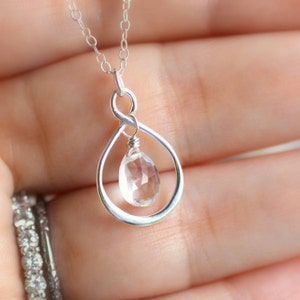 April Birthstone Necklace, Clear Crystal Quartz, Diamond alternative, April Birthday Gift, Sterling Silver, Mom Infinity Necklace, MOM Gift