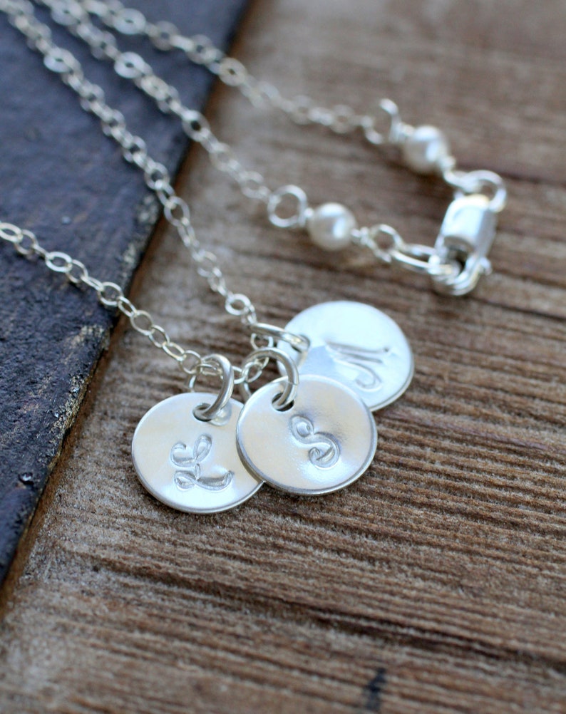 Mother's Necklace, Personalized Necklace, Initial Necklace, Three Initial Necklace, MOM Necklace, Sterling Silver Hand stamped Discs, Dainty image 4