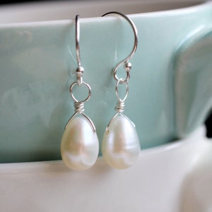 Freshwater Pearl Earrings, Dainty Teardrop Pearl Earrings, Ivory Freshwater Pearl Earrings, Bridal, June Birthstone, Sterling Silver