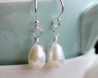 Freshwater Pearl Earrings, Dainty Teardrop Pearl Earrings, Ivory Freshwater Pearl Earrings, Bridal, June Birthstone, Sterling Silver