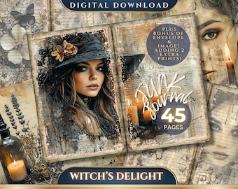 Witch's Delight Junk Journal Pages, Halloween, Gothic, Witch, 45 Digital Journal Pages, Printable Ephemera, Paper Craft, Scrapbook, 11 x 8.5
