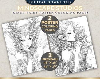 Two Giant Fairy Poster Coloring Pages | 36" x 48" & 24" X 36" | Wall Art | Printable Coloring Posters | Digital Download | Fantasy | Fairies