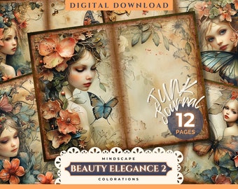 Beauty Elegance 2 Junk Journal Digitalt Papper, Fjärilar, Blommor, 12 Digitala Journalsidor, Utskrivbara Ephemera, Papper, Scrapbook, 11 x 8,5