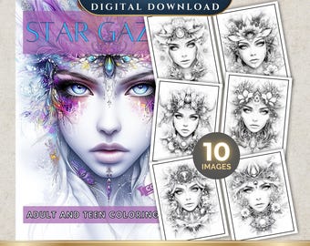 Star Gazers Coloring Book | 10 Images | Elegant Women | Flowers | Coloring Book | Digital Download | Printable Coloring Pages | Cosmic
