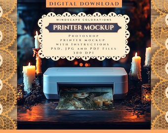 Photoshop Gothic skrivarmodell | Skrivarmodell för hemmet | Pappermodell | Photoshop Smart Object | Modell | PSD-, JPG- och PDF-filer