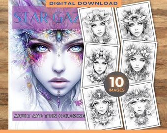 Målarbok med stjärnskådare | 10 bilder | Eleganta kvinnor | Blommor | Målarbok | Digital nedladdning | Utskrivbara målarbilder | Cosmic
