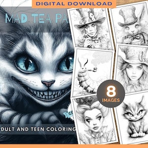 Mad Tea Party | Coloring Book | 8 Printable Adult Teens Coloring Pages | Digital Download | Coloring Pages | Eccentric Illustrations