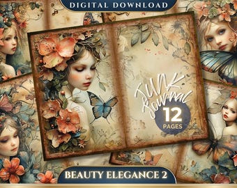 Beauty Elegance 2 Junk Journal Digital Paper, Butterflies, Floral, 12 Digital Journal Pages, Printable Ephemera, Paper, Scrapbook, 11 x 8.5