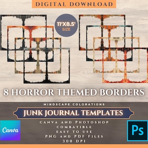 Printable Junk Journal Template | 8 Junk Journal Overlays | Horror | Halloween | Gothic | Photoshop and Canva Compatible | 11&#39; x 8.5&quot;