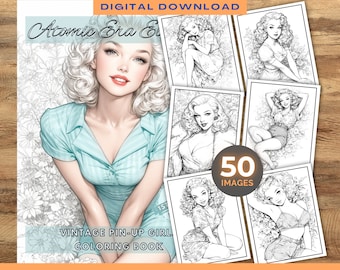 50 vintage pinuppor | Målarbok för elegans från atomtiden | Utskrivbara målarbilder för vuxna tonåringar | Digital nedladdning | Blommor