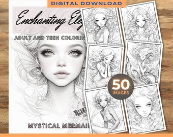 50 mystiska sjöjungfrur | Målarbok för förtrollande elegans | Utskrivbara målarbilder | Digital nedladdning | Oceaniska sjöjungfrur | Målarbok