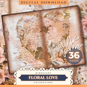 Floral Love Junk Journal Digital Paper, Floral, Hearts, Love, 36 Digital Journal Pages, Printable Ephemera, Paper Craft, Scrapbook, 11 x 8.5