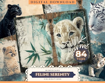 Feline Serenity Junk Journal-sidor, Junk Journal, Djungel, Vild, Katt, Natur, Målningar, Utskrivbara Ephemera, Scrapbook, 11 x 8,5