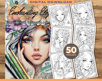 50 eteriska eleganta kvinnor | Målarbok för förtrollande elegans | Utskrivbara målarbilder för vuxna tonåringar | Digital nedladdning | Blommor