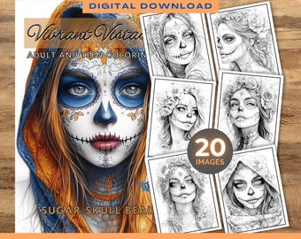 Målarbok med sockerskalle | 20 bilder | Sockerskallar | Blommor | Målarbok | Digital nedladdning | Utskrivbara målarbilder | Målarbilder