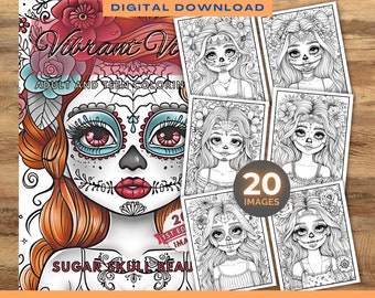 Målarbok med sockerskalle | 20 bilder | Sockerskallar | Blommor | Målarbok | Digital nedladdning | Utskrivbara målarbilder | Målarbilder