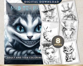 Mad Tea Party | Coloring Book | 8 Printable Adult Teens Coloring Pages | Digital Download | Coloring Pages | Eccentric Illustrations