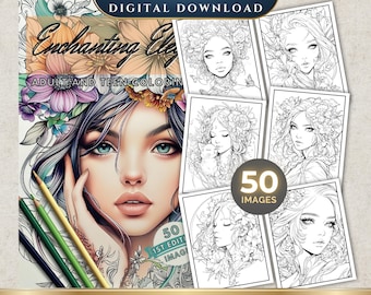 50 Ethereal Elegant Women | Enchanting Elegance Coloring Book | Printable Adult Teens Coloring Pages | Digital Download | Flowers