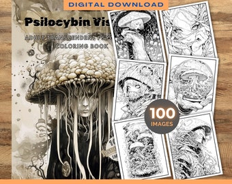 100 psykedeliska illustrationer | Målarbok med psilocybin-visioner | Utskrivbara målarbilder för vuxna | Digital nedladdning | Svampar
