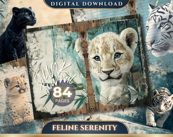 Feline Serenity Junk Journal Pages, Junk Journal, Jungle, Wild, Feline, Nature, Paintings, Printable Ephemera, Scrapbook, 11 x 8.5