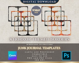 Printable Junk Journal Template | 8 Junk Journal Overlays | Horror | Halloween | Gothic | Photoshop and Canva Compatible | 11' x 8.5"