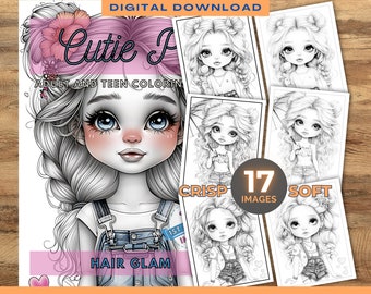 Cutie Pie målarbok | 17 bilder | Docka | Hår | Målarbok | Digital nedladdning | Utskrivbara målarbilder | Målarbilder