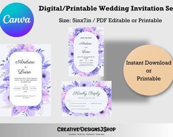 Wedding Invitation Template Printable Set, Save the Date Invitation Template Printable, RSVP Card Template Printable