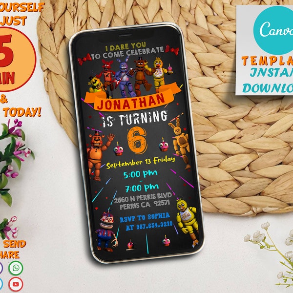 Editable Five Nights At Freddys Birthday Mobile Invitation | For Boy & Girl Kids Evite | Editable and Printable | Invite Instant Download