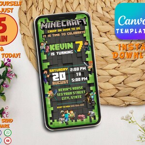 Minecrafter Birthday Invitation | Mine Kids Birthday Mobile Invite, Mine Template Birthday Evite | Editable in Canva Invite Instant Download