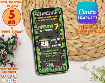 Minecrafter verjaardagsuitnodiging | Mijn kinderen verjaardag mobiele uitnodiging, mijn sjabloon verjaardag Evite | Bewerkbaar in Canva Invitation Direct downloaden