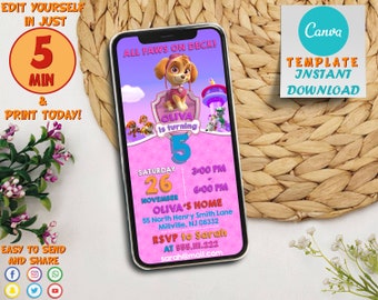 Paw-ty Patrol Birthday Mobile Invitation, Boy & Girl Kids invitation Evite Invitation | Template Editable Printable, Invite Instant Download