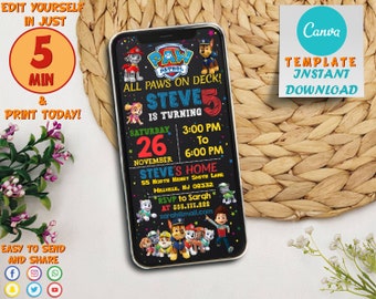 Paw-ty Patrol Birthday Mobile Invitation | Invitation Template Editable Printable, Boy & Girl Kids invitation Evite, Invite Instant Download