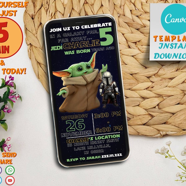 Baby Yoda Birthday Mobile Invitation | Mandalorian invite | For Boy & Girl Kids Template Editable Printable Evite | Invite Instant Download