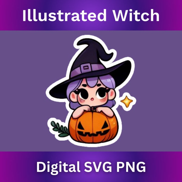 Cute Purple Witch Illustration SVG PNG Digital Sticker Art Drawing Cutting Machine Template Manifestation Goth Wiccan Spooky Halloween Gift