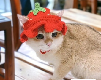 Adorable chapeau de chat fait main | Accessoires mignons en tricot pour chat et fraises | Petit chapeau amusant pour chat ou chien | Nouveau cadeau unique pour animal de compagnie pour femme, chat au crochet