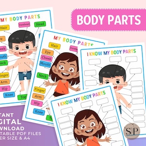 Pacote de partes do corpo para pré-escola, pacote de atividades de anatomia para impressão, aprendizagem Montessori, cartões educativos para crianças pequenas, planilhas para impressão