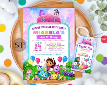 Girls Birthday Party 5x7" Editable Invitation Template Thank You Tag, Dollhouse Kids Cartoon Party Theme, Digital Printable Custom Invites