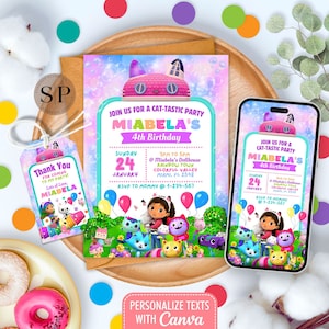 Mädchen Puppenhaus Geburtstagsfeier bearbeitbare Geburtstagseinladung Vorlagen Set, Kinder Geburtstag digitale Telefon Einladung druckbar Danke Tag