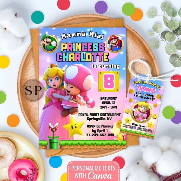 Editable Girl Birthday Princess Peach 5x7" Invitation Template Thank You Tag, Digital Printable Personalize Customizable Bday Party Invites