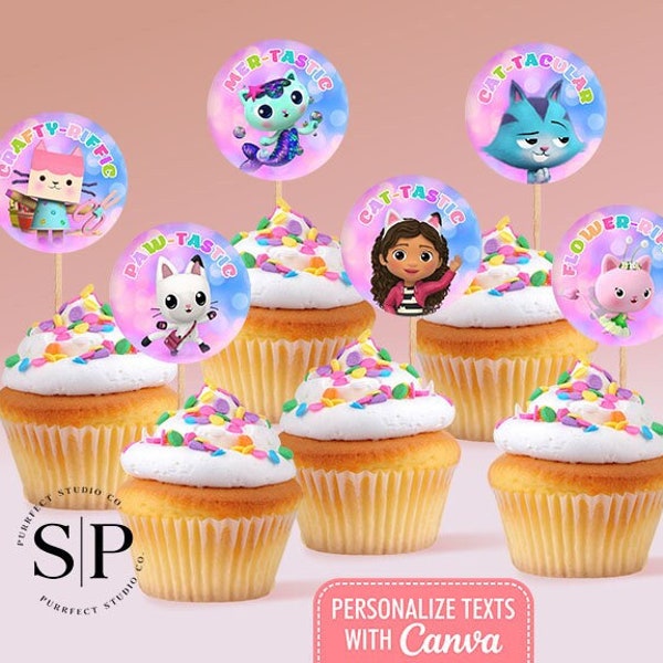 Kids Girls Dollhouse Cupcake Toppers Editable Template, Kids Birthday Party Favors Tag Toppers, Custom Round Square Birthday Cupcake Toppers