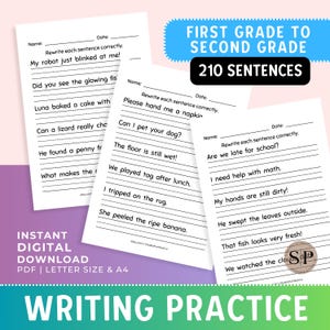 Może przedstawiać: Czarno-biała drukowalna karta pracy z tytułem "First Grade to Second Grade 210 Sentences" i tekstem "Rewrite each sentence correctly." Karta pracy jest przeznaczona do ćwiczenia pisania i zawiera wiele linii do pisania dla uczniów.