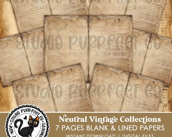 Neutral Vintage Blank and Lined Papers Pack, Printable Journal Pages, Grunge Stationary Set, Scrapbooking Paper Bundle, Instant Download