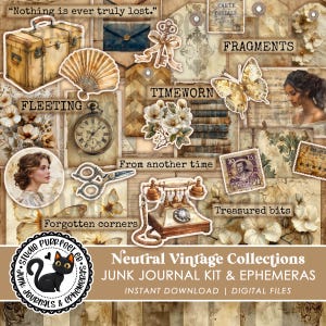 Kit per diario vintage neutro e materiale effimero, pacchetto digitale completo stampabile, set di pagine di carta per scrapbooking, download immediato