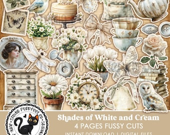 Shades of White and Cream Fussy Cuts, Printable Vintage Ephemera, Elegant Cutouts for Junk Journals and Collage Art Scrapbooking Stationary